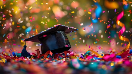 A black graduation cap is placed on the ground, surrounded by colorful confetti and ribbons in various shades of red, pink, orange, yellow, green, blue, and purple, white, and gold.