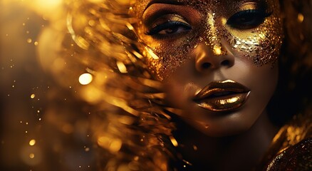 A close up portrait of a young Caucasian woman with long, flowing golden hair surrounded by swirling golden sparkles and glowing light effects