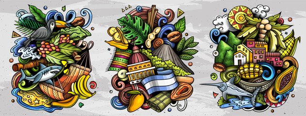 Nicaragua cartoon vector doodle designs set. Colorful detailed compositions with lot of Nicaraguan objects and symbols. Isolated on white illustrations