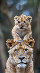 Obraz premium cute wildlife animal lioness with a baby lion on her head