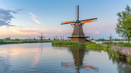 a colorful sunset , featuring green fields, an old windmill, and a small path leading to the mill along a canal reflecting the vibrant sky hues.