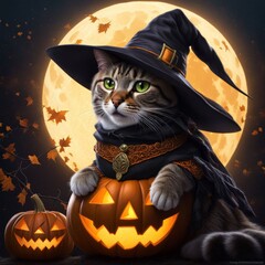 Halloween cat in witch hat with pumpkins. Halloween background.