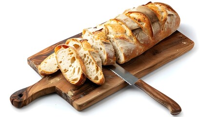 Freshly Baked Artisanal Bread Sliced on Rustic Wooden Board with Knife