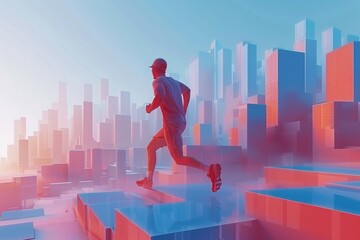 Man running on futuristic cityscape with geometric structures in vivid colors, Concept of modern urban lifestyle, fitness, and dynamic movement