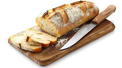 Freshly Baked Crusty Artisan Bread Slices on Wooden Cutting Board with Knife