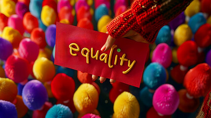 Close-up of a hand holding a red card with the word Equality, surrounded by colorful balloons