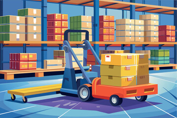 The interior of a warehouse filled with bright colors. The foreground depicts a forklift truck carrying a stack of boxes. a sense of order and efficiency in an industrial setting.