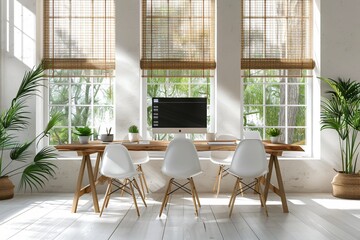 Computer on wooden table in room