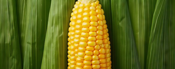 Close-up image of a fresh corn cob with vibrant yellow kernels and green husk, ideal for agricultural and culinary themes.