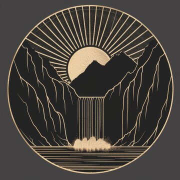 recommend clip art: A waterfall and sunset landscape designed with luxurious line art stipples and hand-drawn style