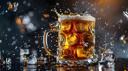 Frosty Glass of Ice Cold Amber Beer with Splashing Bubbles and Foam on Dark Blurred Background