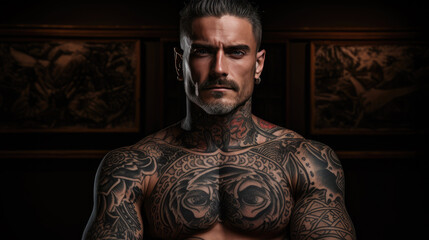 A middle-aged Caucasian man with short dark hair, a beard, and numerous tattoos covering his upper body and arms.