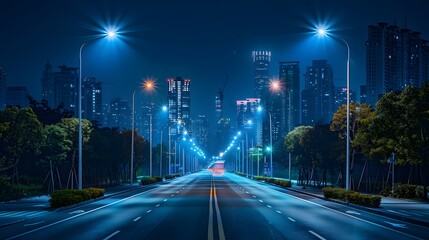 A city street at night illuminated by modern LED lighting, showcasing the advanced technology and energy efficiency of urban lights, with tall buildings in the background.
