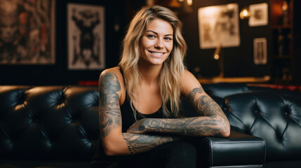 Obraz premium A young Caucasian woman with long blonde hair, tattoos on her arms, and a friendly smile sitting on a leather couch