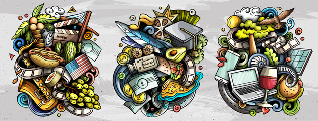 California cartoon vector doodle designs set. Colorful detailed compositions with lot of USA State objects and symbols. Isolated on white illustrations