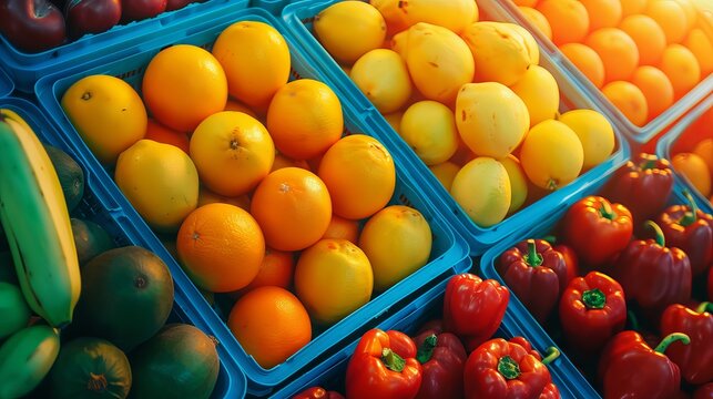 Fresh assorted fruits and vegetables on display at a market. Bright, colorful, healthy produce including oranges, lemons, and bell peppers.