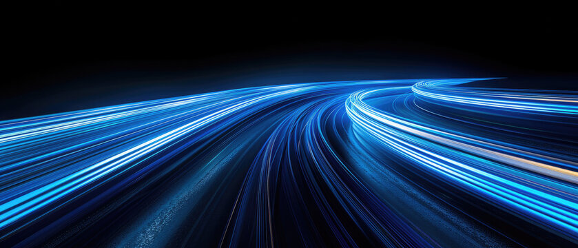 the contrast of the speed and energy of light painting art forms a line across the wide screen with a dark blue glowing line forming a path towards movement the horizon on a black background