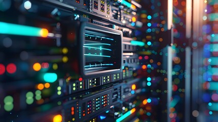 Obraz premium A closeup of an open server rack with colorful, blue and green computer hard degrees in the background.