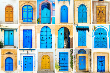 Set of traditional decorative blue and yellow Tunisian doors.