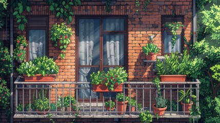 Sunny Balcony Garden with Potted Plants
