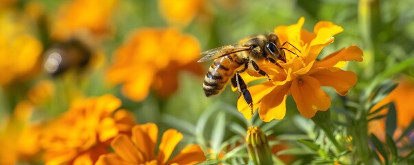 Obraz premium Close up of Vibrant Marigold Flowers with Bees Collecting Nectar