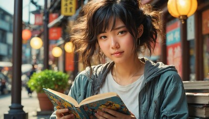 A young Japanese girl is engrossed in a manga, with a beautiful background featuring lanterns, store and a bustling street.