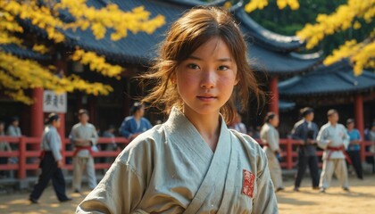 Fototapeta premium A young woman in a martial arts uniform stands in front of a group of people in a traditional Japanese temple.