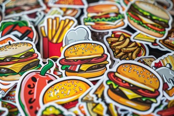 Colorful fast food stickers featuring burgers, fries, and a red pepper