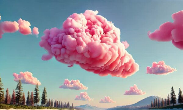 A whimsical pink cloud floating in a bright blue sky, surrounded by smaller clouds. The dreamy landscape combines fantasy elements with nature