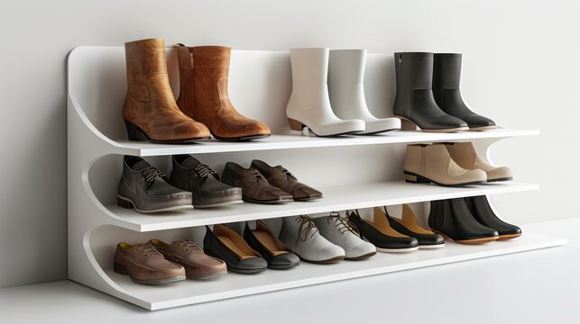 A white shoe rack with three shelves holding various types of shoes