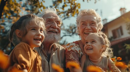 Fototapeta premium Grandparents playing with their grandchildren, showing oxytocin's effects on bonding.
