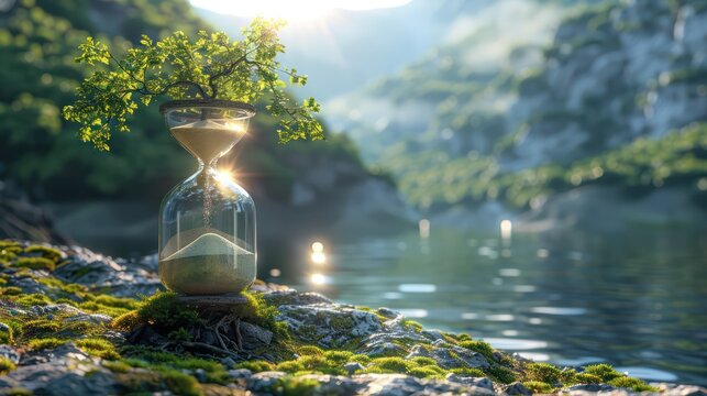 A green hourglass with sand against a natural background symbolizes the passage of time. The concept of time passing nature symbols Hourglass metaphor green hourglass time