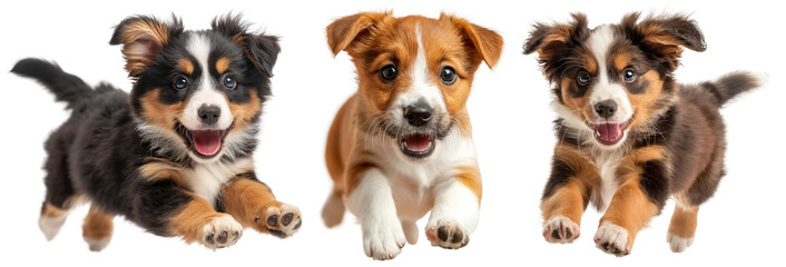 happy cute puppy dog  running, jumping in air with joyful playful , cheerful funny pet portrait, collection set, PNG transparent background