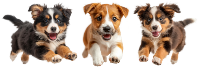 happy cute puppy dog  running, jumping in air with joyful playful , cheerful funny pet portrait, collection set, PNG transparent background