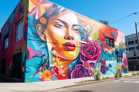 Graffiti wall with woman face on sunny day. Generative AI