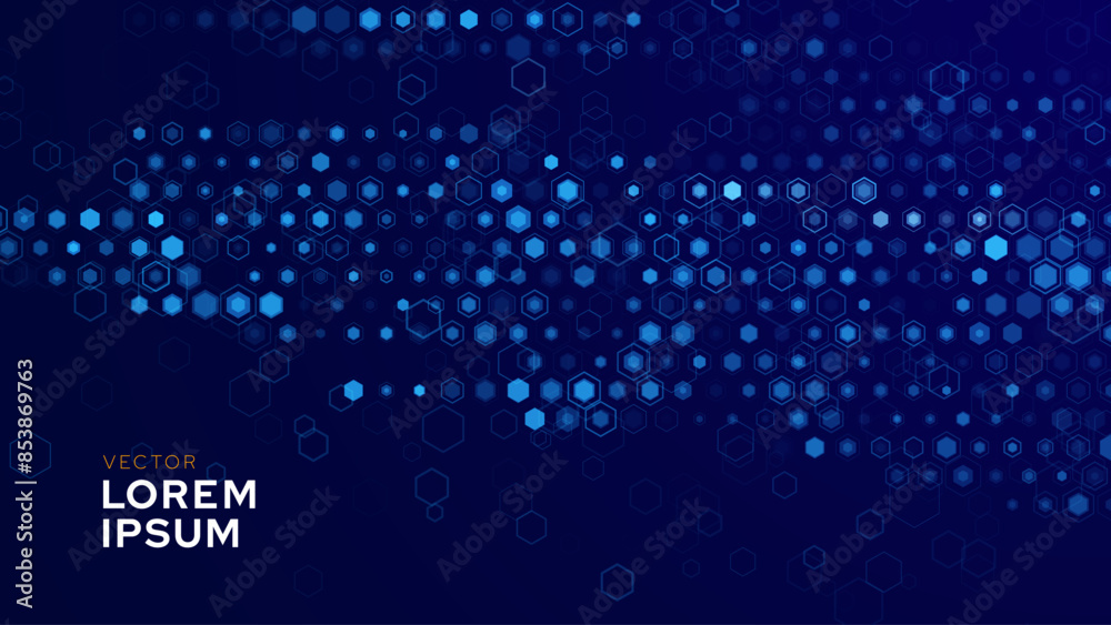 Poster Hexagonal Abstract Technology Background. Hexagons Pattern for Tech Communication Design. Hi-tech Cyber Hexagon Sci-Fi Game Banner Grid. Blue Science Vector Illustration.
