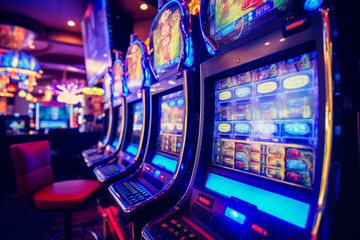 Naklejka premium Slot machines in a row in casino closeup. Brightly apparatus for gambling. Generative AI
