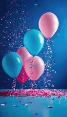 Bright pink and blue balloons with colorful confetti create a cheerful and festive scene