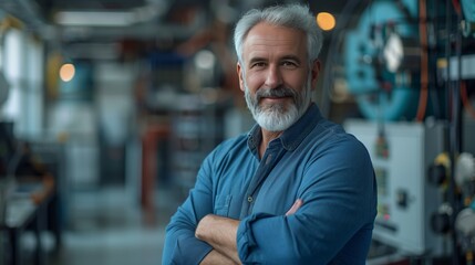Fototapeta premium Happy middle aged male engineer standing in the office of an energy company with arms crossed and smiling at camera while looking into it