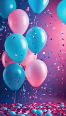 Vibrant pink and blue balloons float against a backdrop of falling confetti, creating a festive and joyful celebration atmosphere