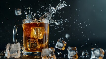 Splashing Alcoholic Drink with Ice Cubes and Liquid Splash on Dark Background