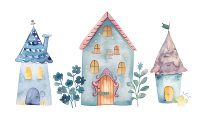 Fairy watercolor houses. Set of scandinavian childish houses. Cute watercolor illustration