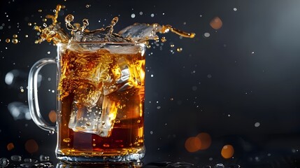 Splashing Whiskey Cocktail in Elegant Glass with Icy Bubbles Illuminated in Nightclub Atmosphere