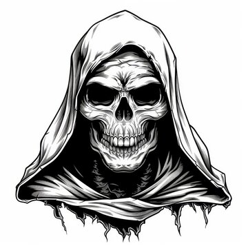 recommend clip art: A hand drawn Reaper Skull Design: Black & White Outline - Perfect for Doodle Art & Modern Projects