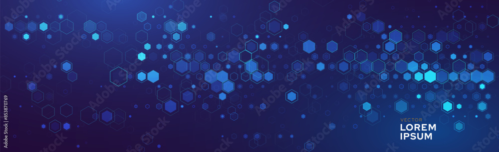 Poster Hexagonal Abstract Technology Background. Hexagons Pattern for Tech Communication Design. Hi-tech Cyber Hexagon Sci-Fi Game Banner Grid. Blue Science Vector Illustration.