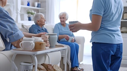 Fototapeta premium Caring Hands Providing Compassionate Support for Elderly Residents in Assisted Living Community