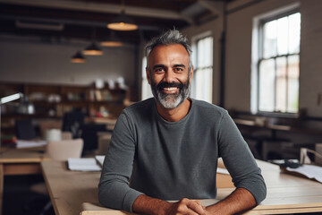 Obraz premium Middle aged Indian Man Smiling Happily in a Cozy Office Environment