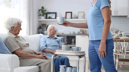 Fototapeta premium Elderly Couple Enjoying Relaxed Moments at Home with Caregiver