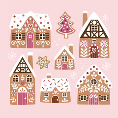 
Set of hand drawn gingerbread houses and Christmas cookies. Snowy winter village icons.  Perfect for sticker or nursery print design.

