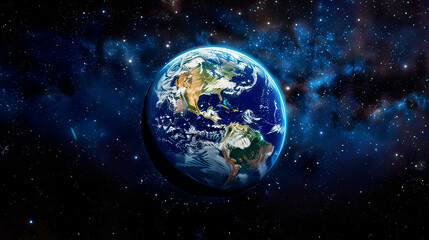 Hyper-realistic image of planet Earth seen from space showcasing detailed surface features and world map and sharp colors black  filled with stars precise and vivid lighting